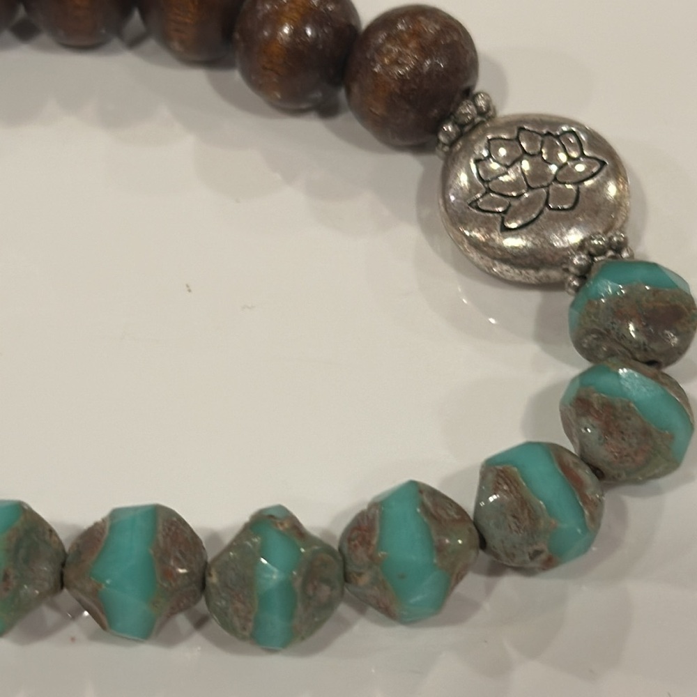 Artisan handmade bracelet with Czech glass, wood, and lava beads.
